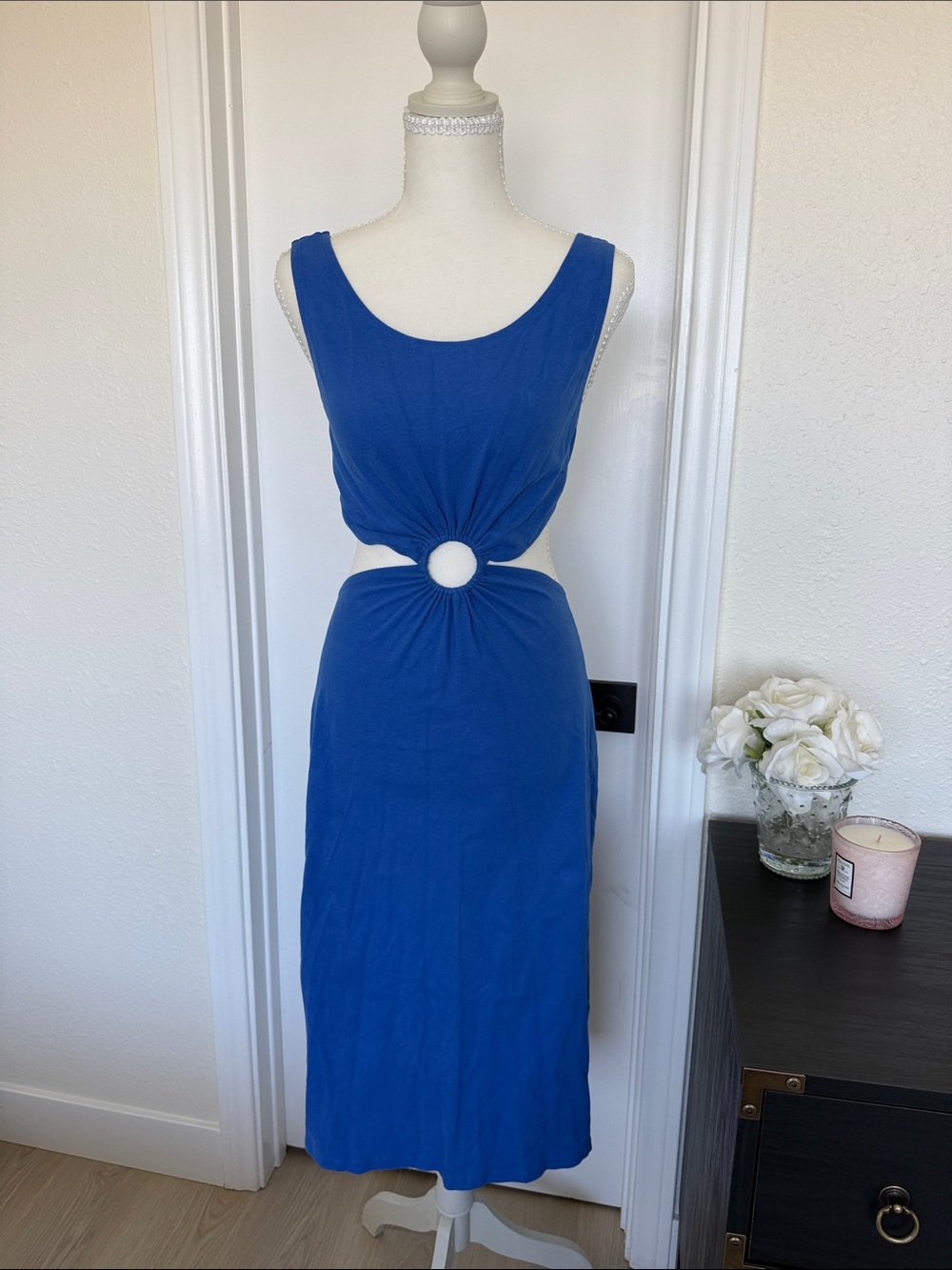 o.p.t Sleeveless Royal Blue Cotton Cutout Midi Dress